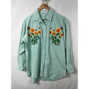 Casey Coleman VTG Sz. P Embroidered Button Up Shirt Long Sleeve Sunflowers Green
